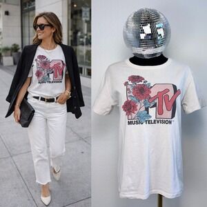 MTV Music Television Floral Graphic Tee Cream Short Sleeve Shirt Small 2021